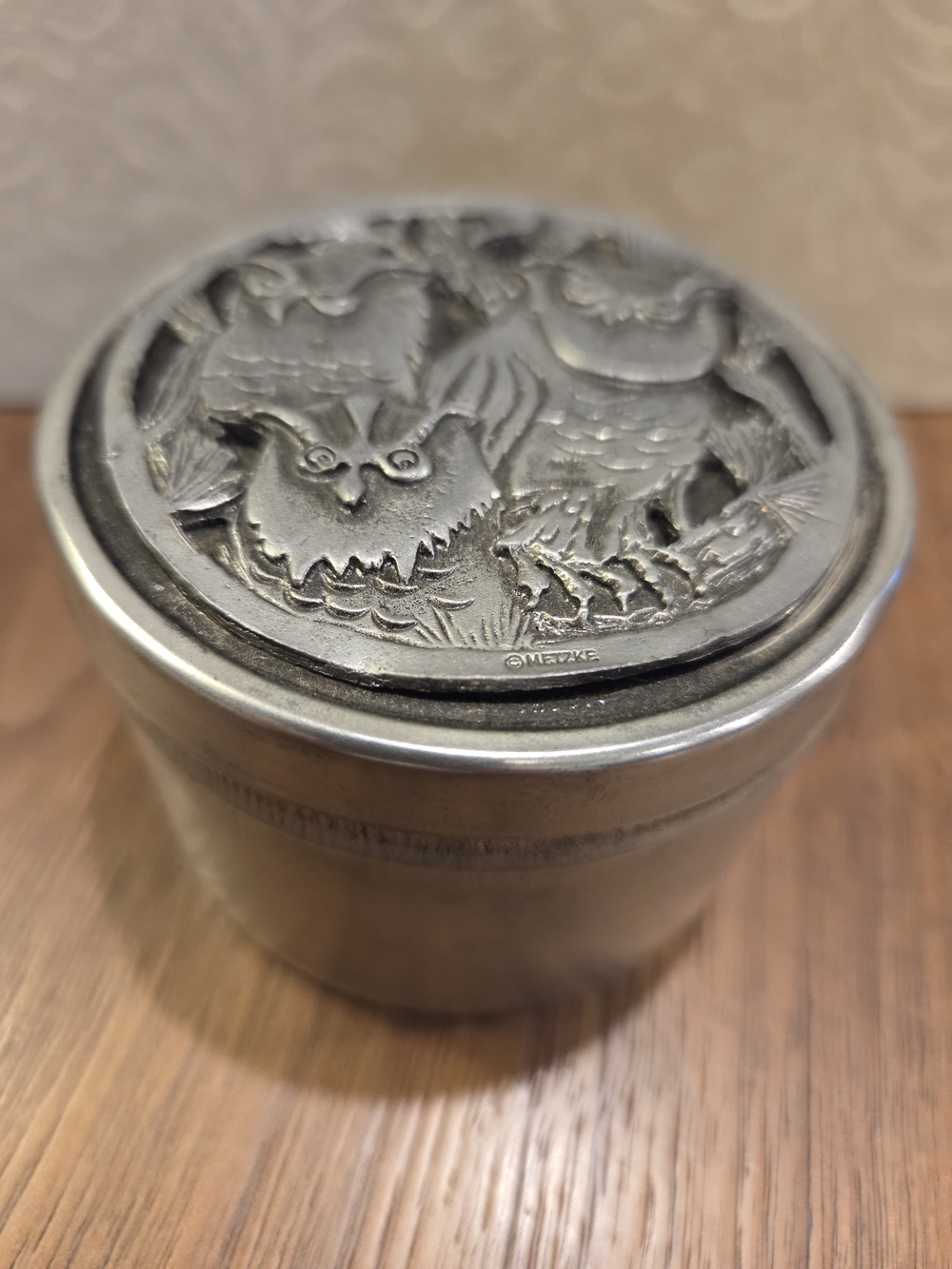 VINTAGE Metzke Pewter Owl Relief Tin Plus 3 Brooches
